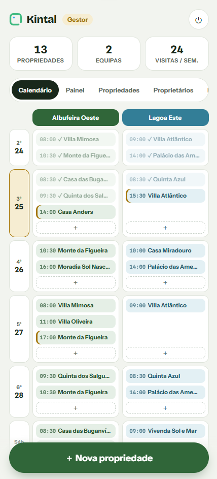 Manager calendar in Kintal with two maintenance crews